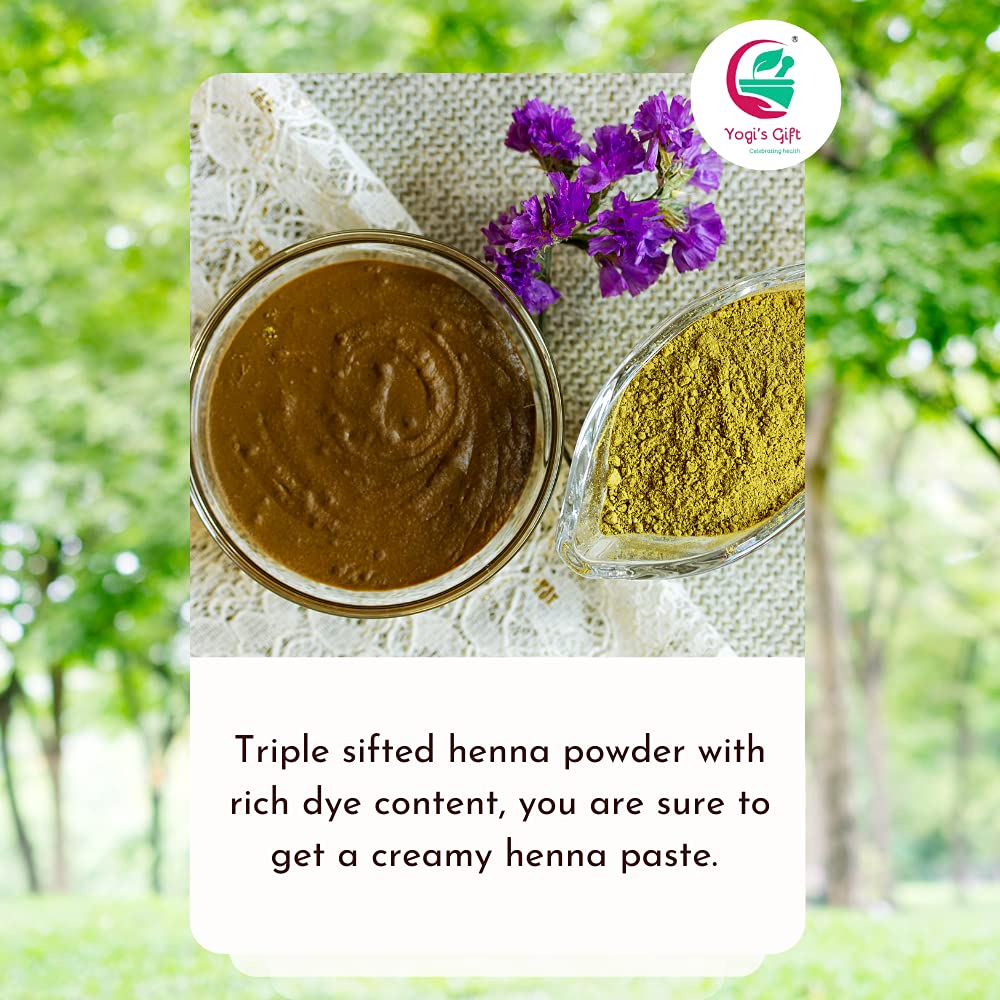 Yogi's Gift vegan organic henna powder highlights chemical-free hair dye option.