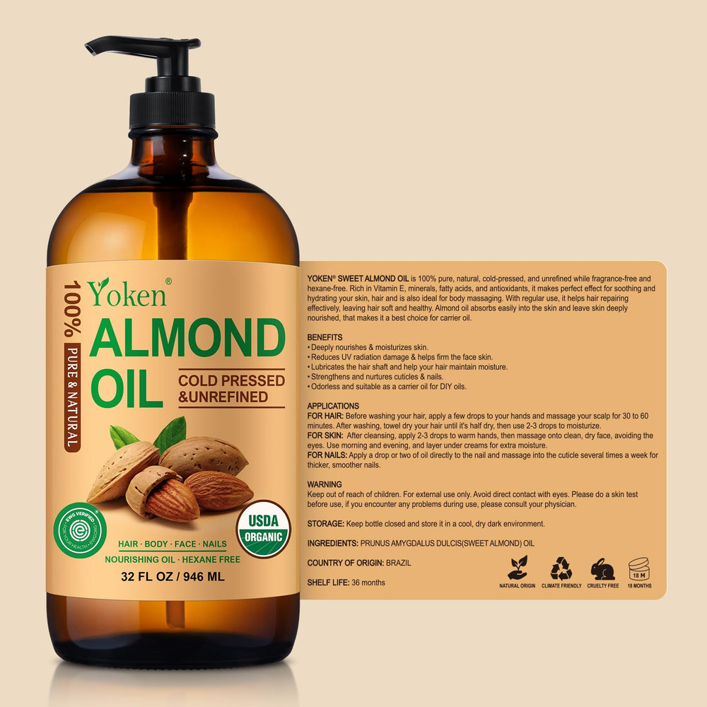 Yoken Almond Oil 32 oz packaging offers long lasting home use