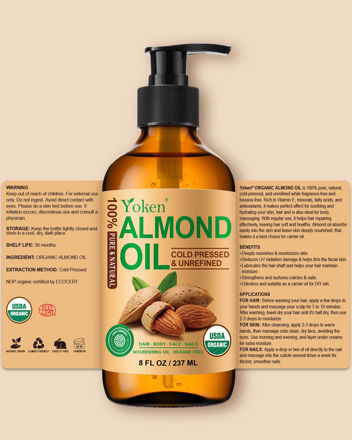 Yoken almond oil eco-packaging emphasizes sustainability and reuse-friendly amber bottle.