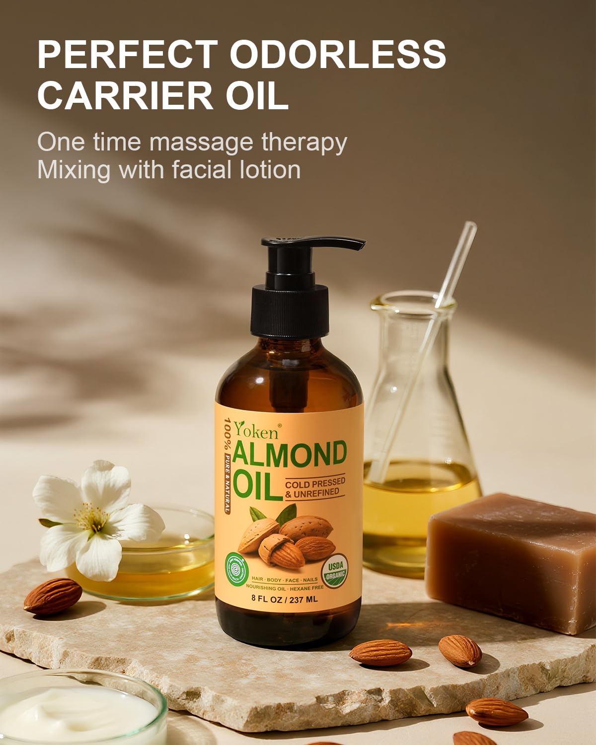 Yoken almond oil hair-treatment scene shows frizz control and shine without heaviness.