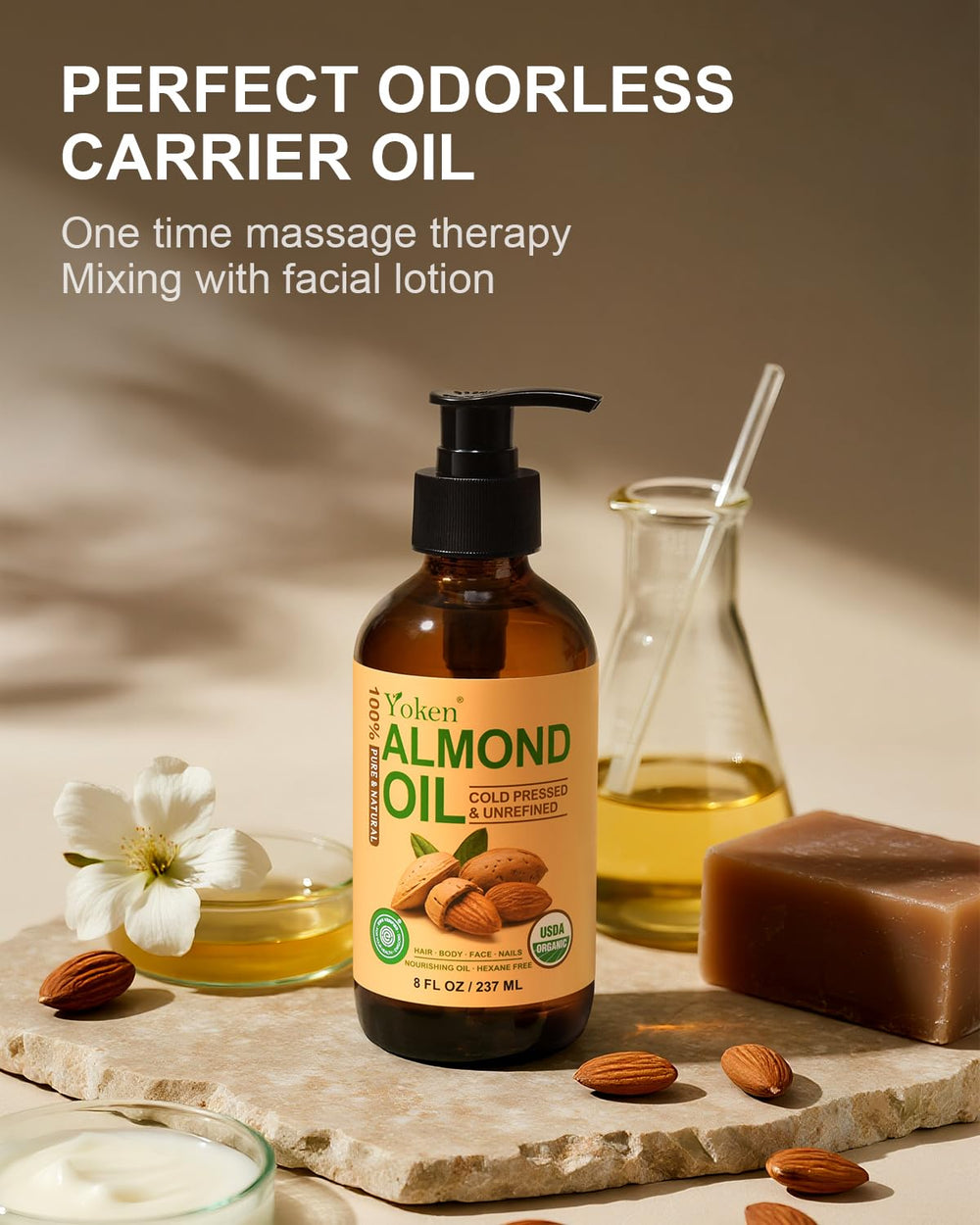 Yoken almond oil hair-treatment scene shows frizz control and shine without heaviness.