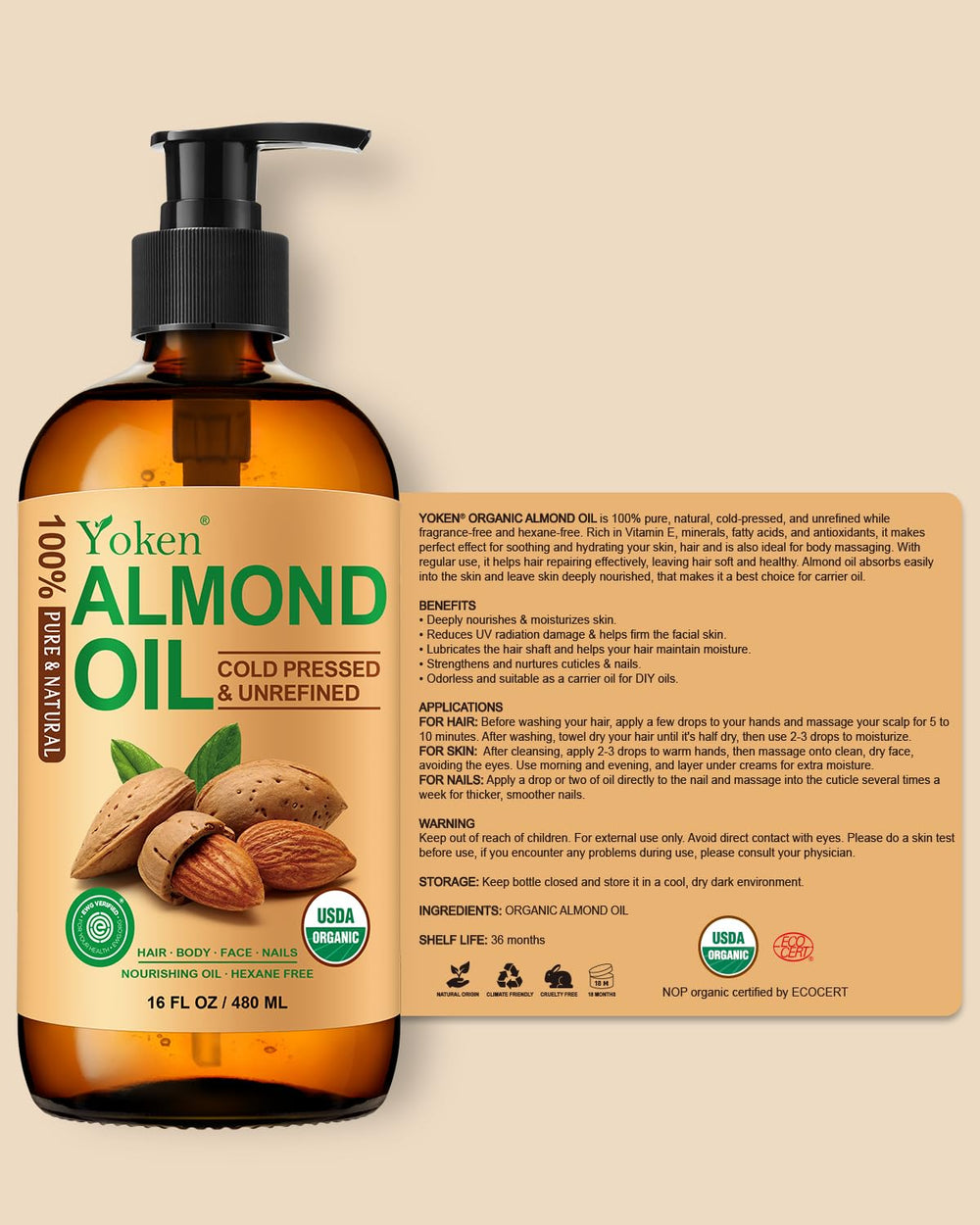 Yoken Almond Oil label detail showing purity and natural ingredients