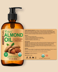 Yoken Almond Oil label detail showing purity and natural ingredients