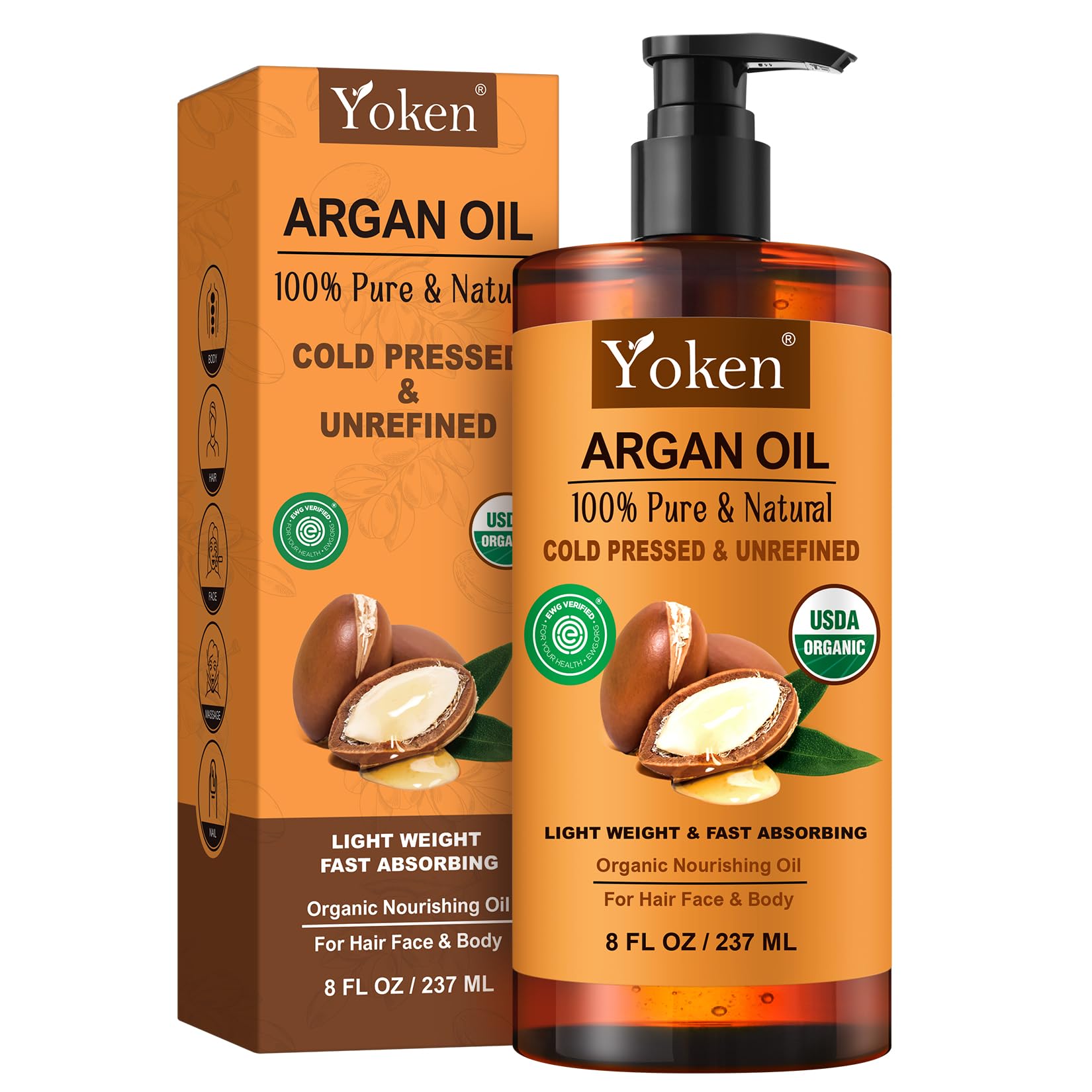 Yoken Argan Oil bottle closeup for pure hydration of hair and skin.