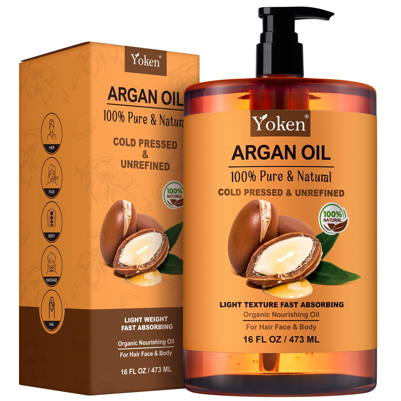 Yoken Argan Oil bottle closeup shows pure, cold-pressed nourishment for hair and skin.