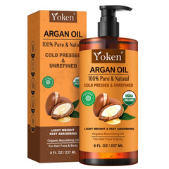 Yoken Argan Oil bottle closeup for pure hydration of hair and skin.