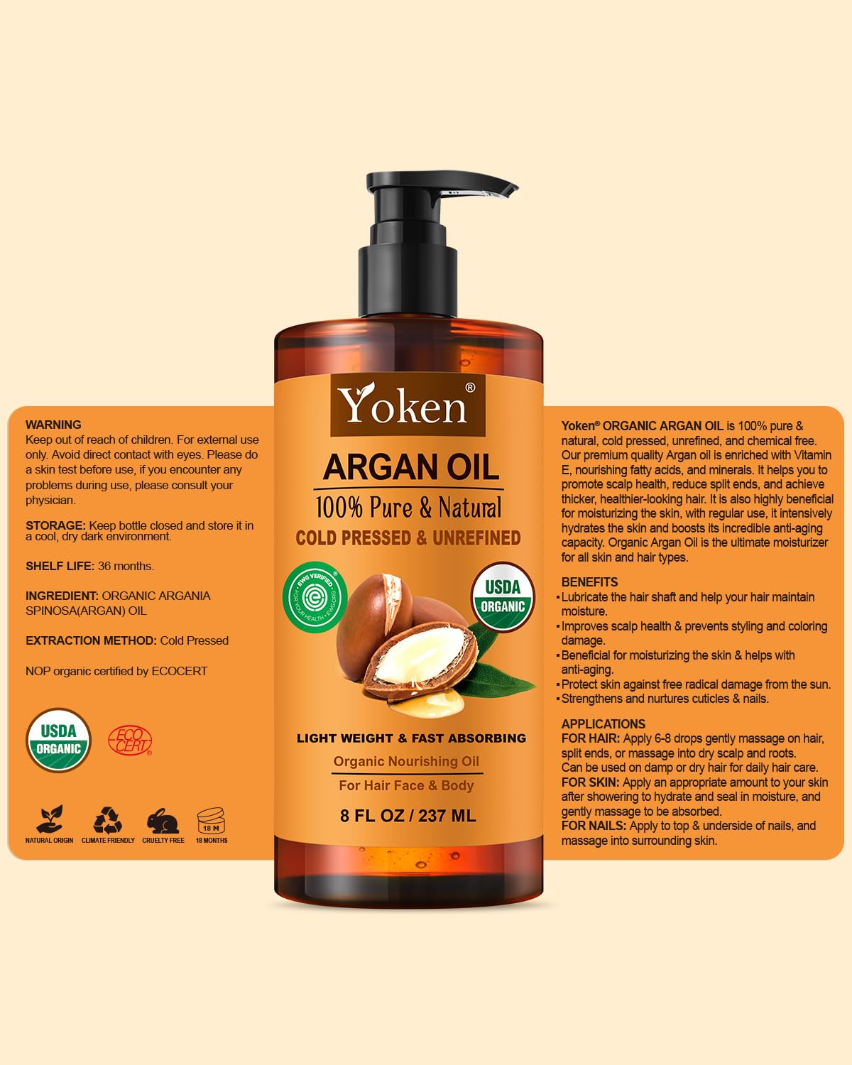 Yoken Argan Oil cruelty-free badge confirms ethical sourcing.