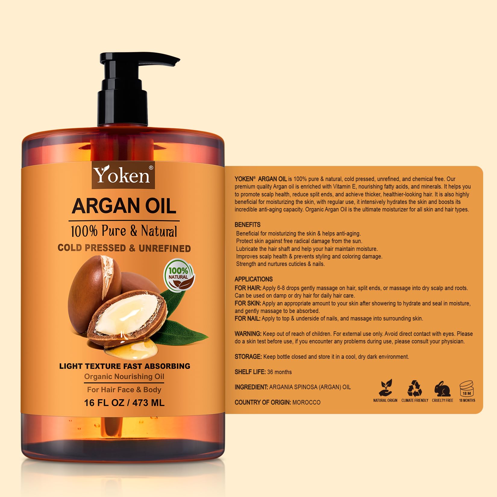 Yoken Argan Oil packaging back reflects sustainability and care messaging.