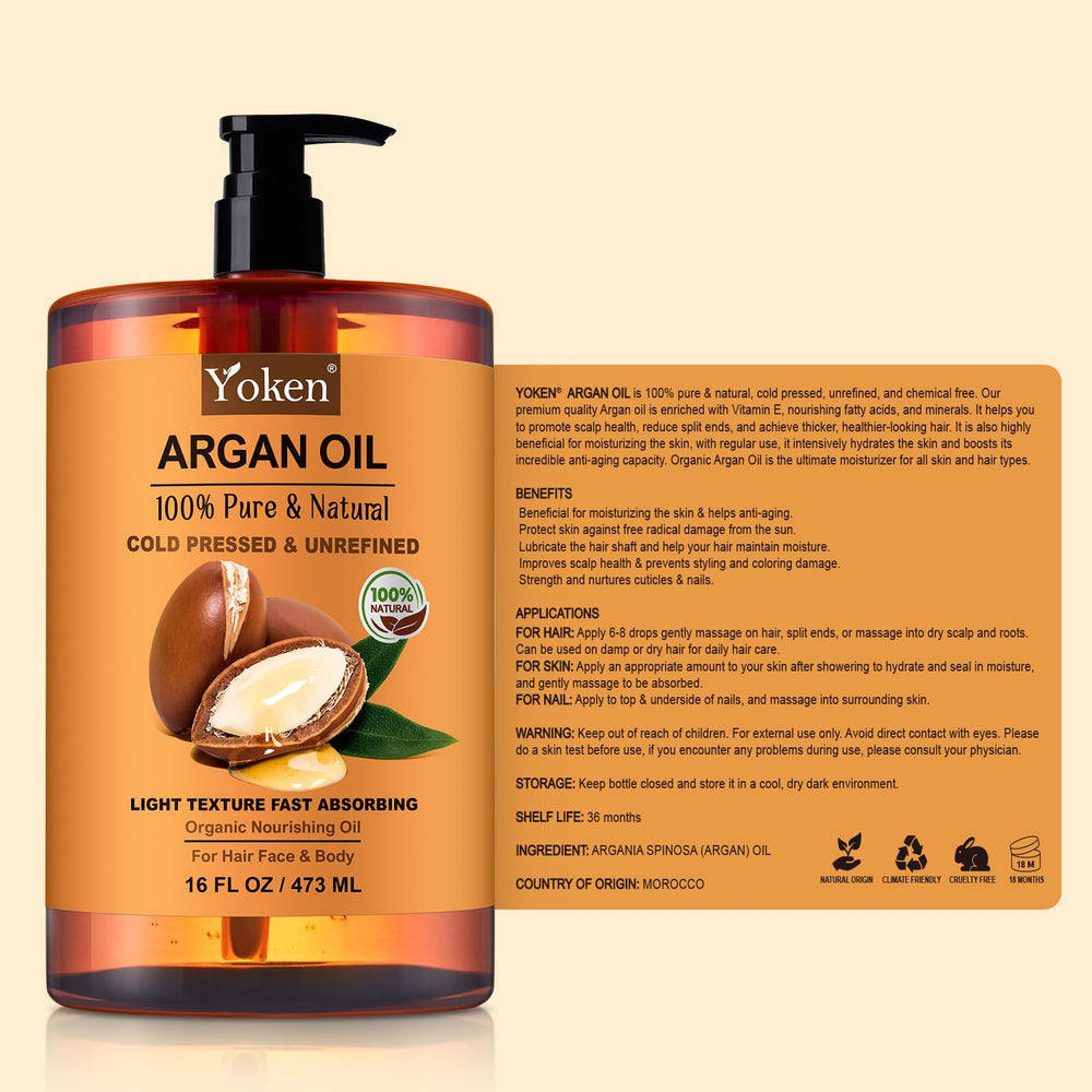 Yoken Argan Oil packaging back reflects sustainability and care messaging.