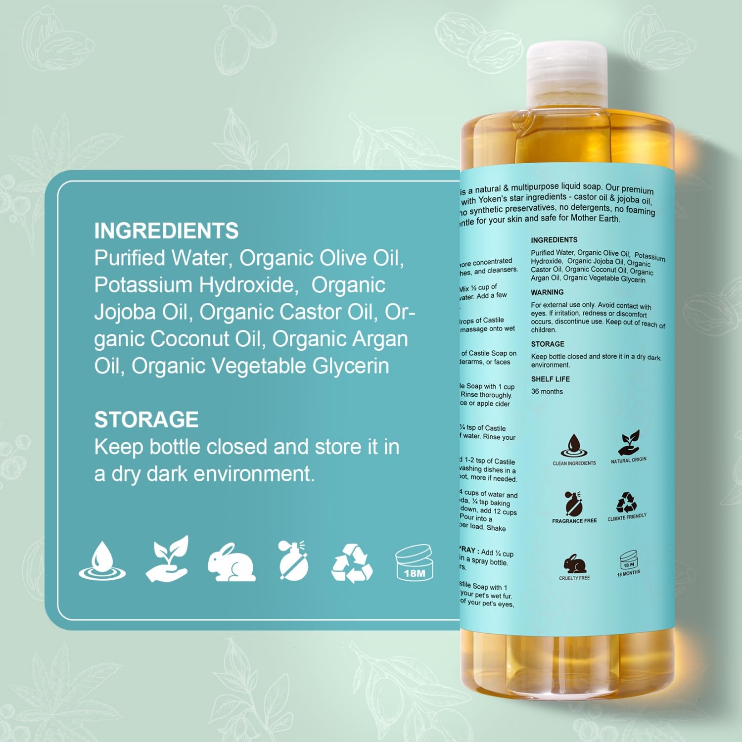 Yoken Castile Soap cruelty-free label marks ethical cleaning.