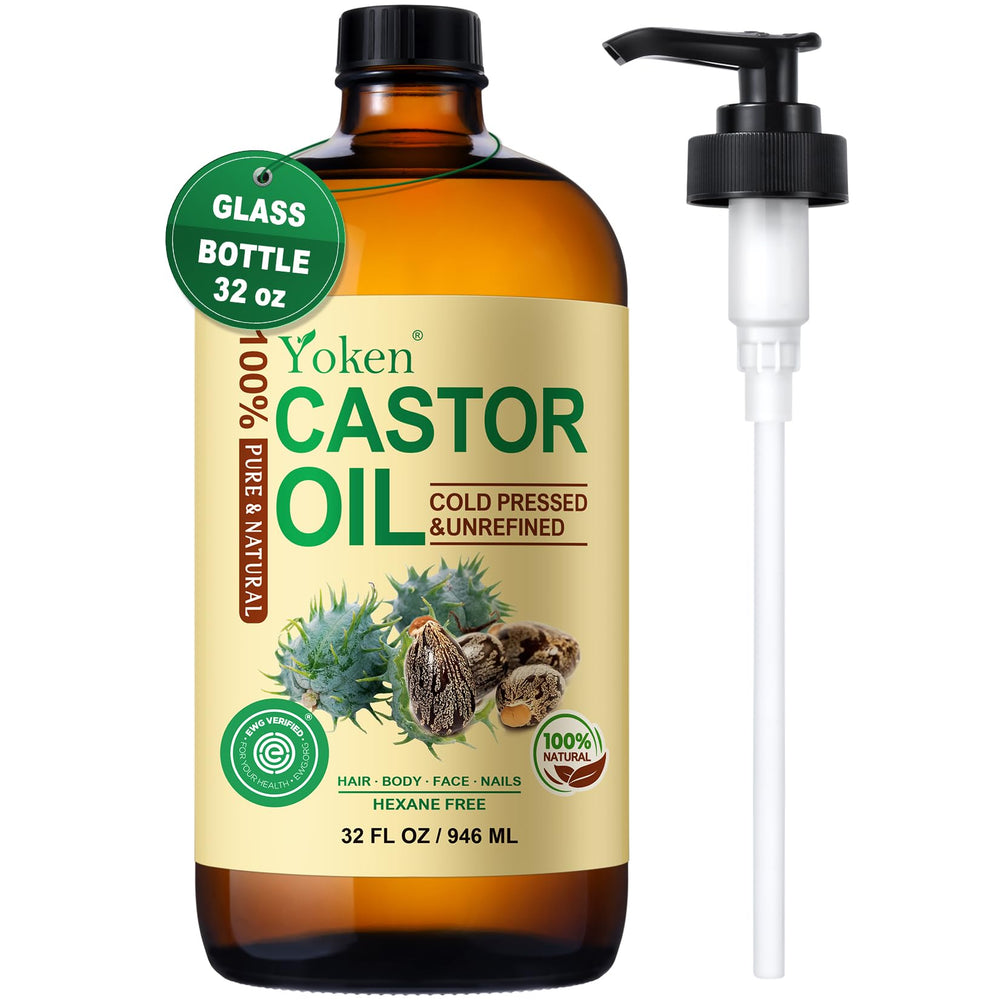 Yoken castor oil amber bottle with pump for easy skin and hair application.