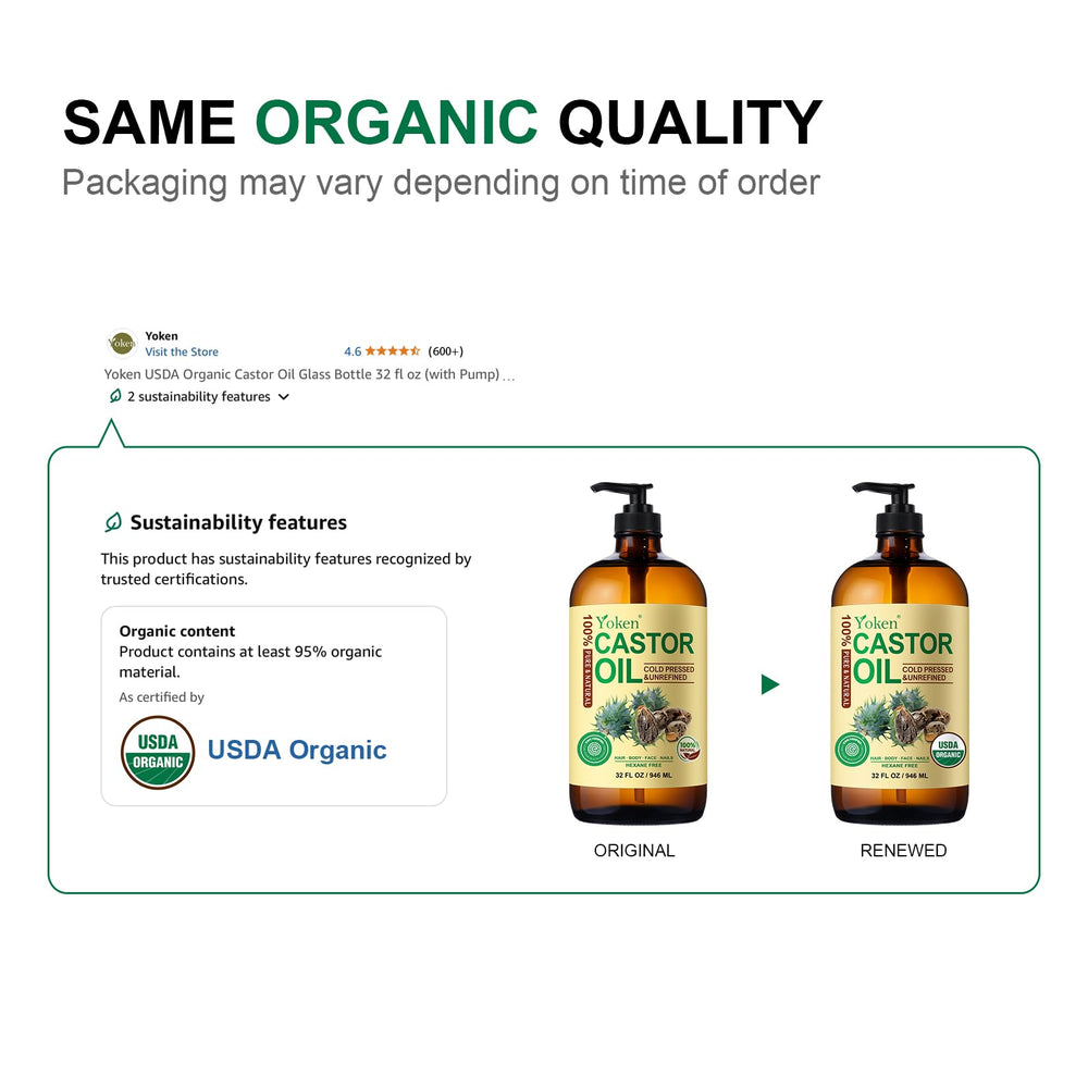 Yoken castor oil in a 32oz glass bottle preserves purity and freshness.