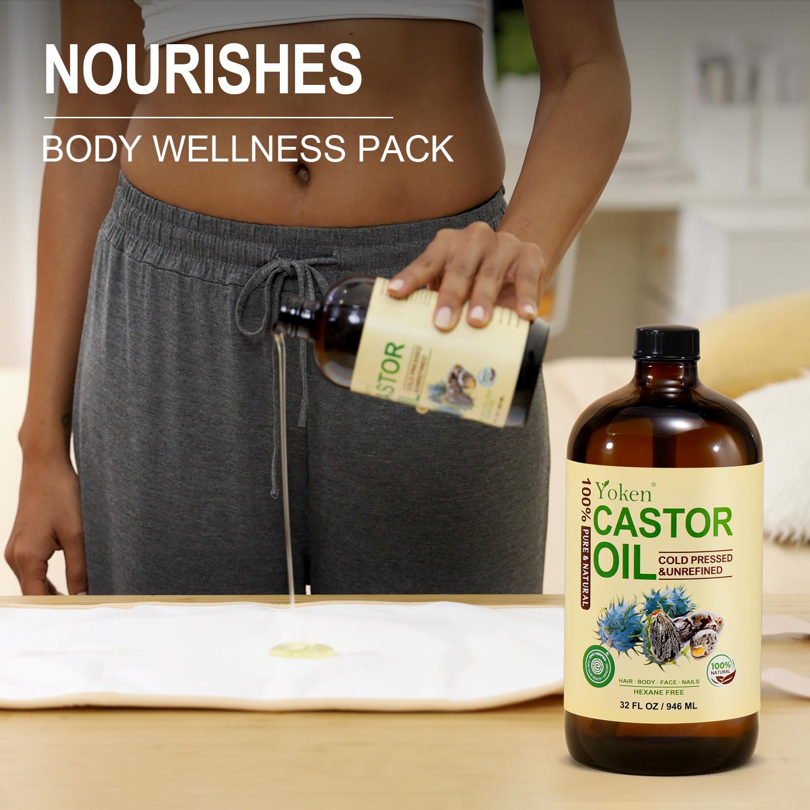 Yoken castor oil skin-moisturizing application showing deep hydration.