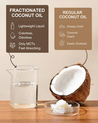 Close-up of Yoken liquid coconut oil texture for lightweight facial and hair moisture.