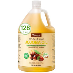Yoken jojoba oil bottle close-up highlighting purity for skin and hair hydration.