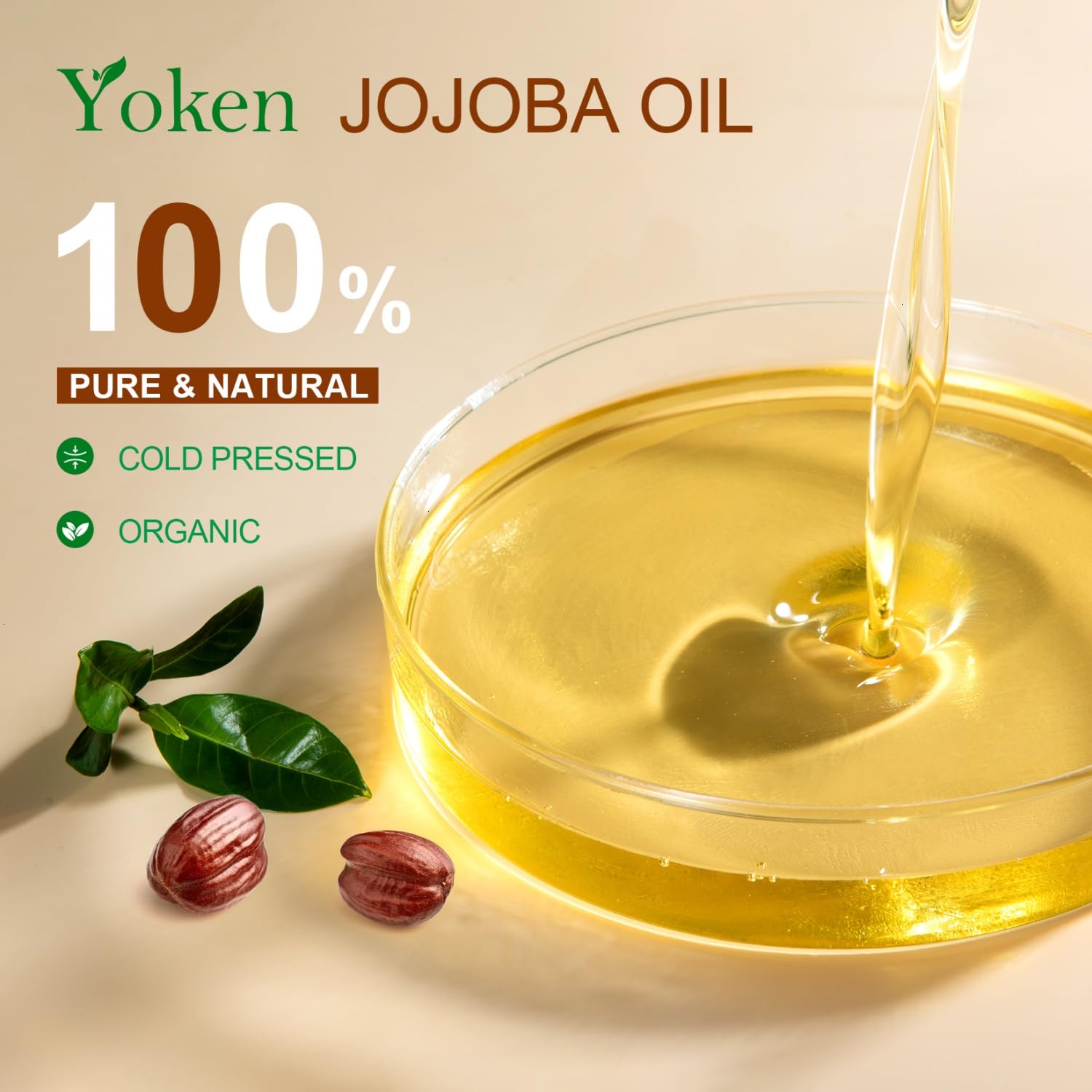 Yoken jojoba oil golden hue signals virgin unrefined quality for premium feel.