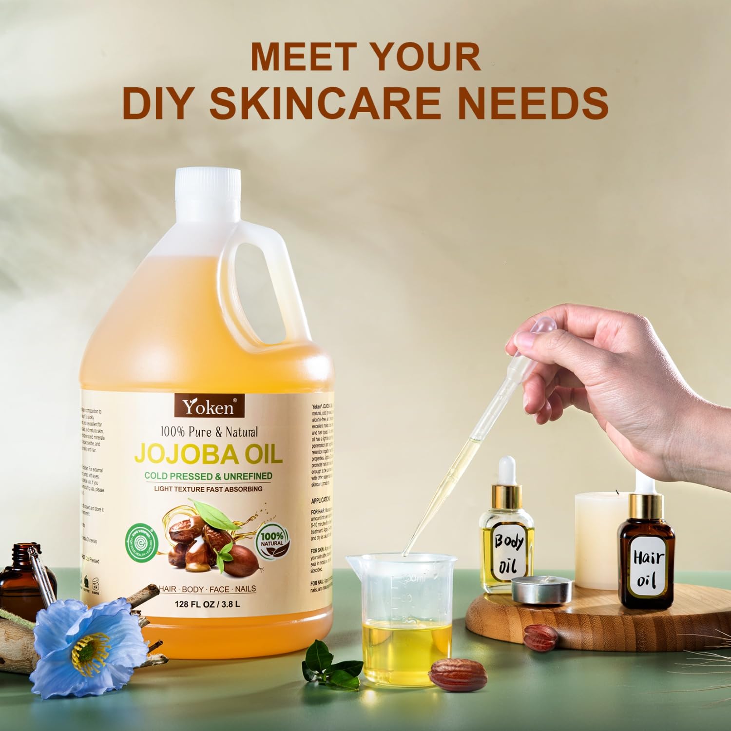 Yoken jojoba oil pours smoothly, ideal for massage and facial routines.
