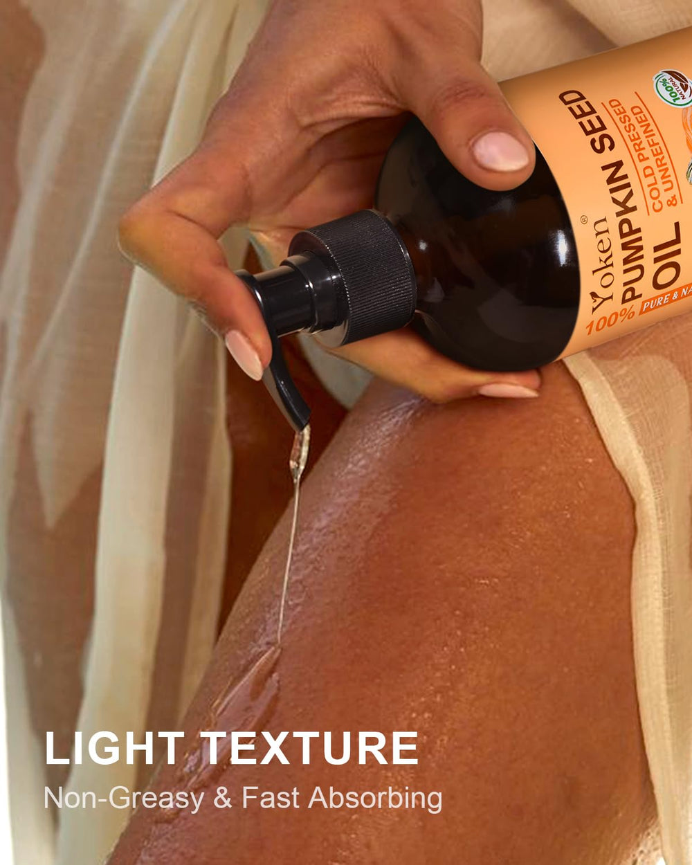 Yoken pumpkin seed oil used on hair for nourishment and natural shine.