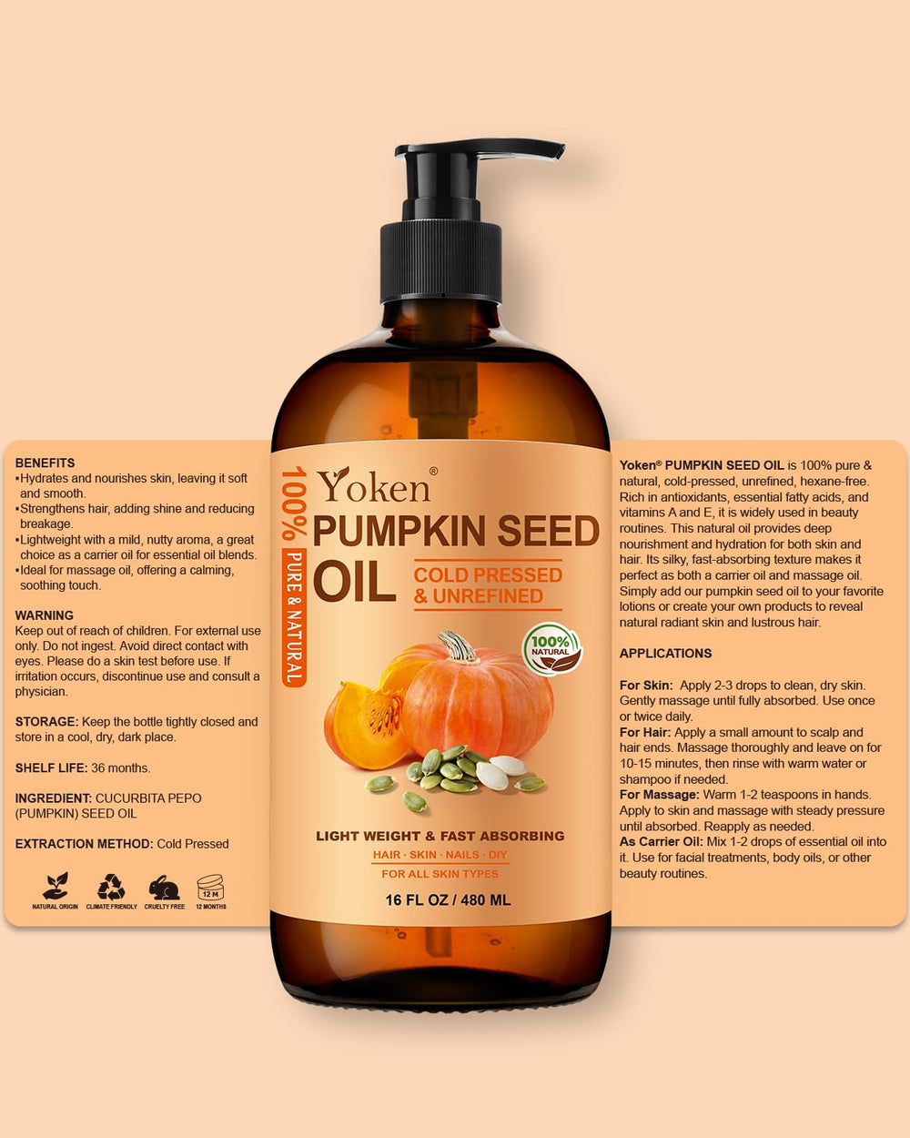 Yoken vegan, cruelty-free pumpkin seed oil packaging reflects ethical care.