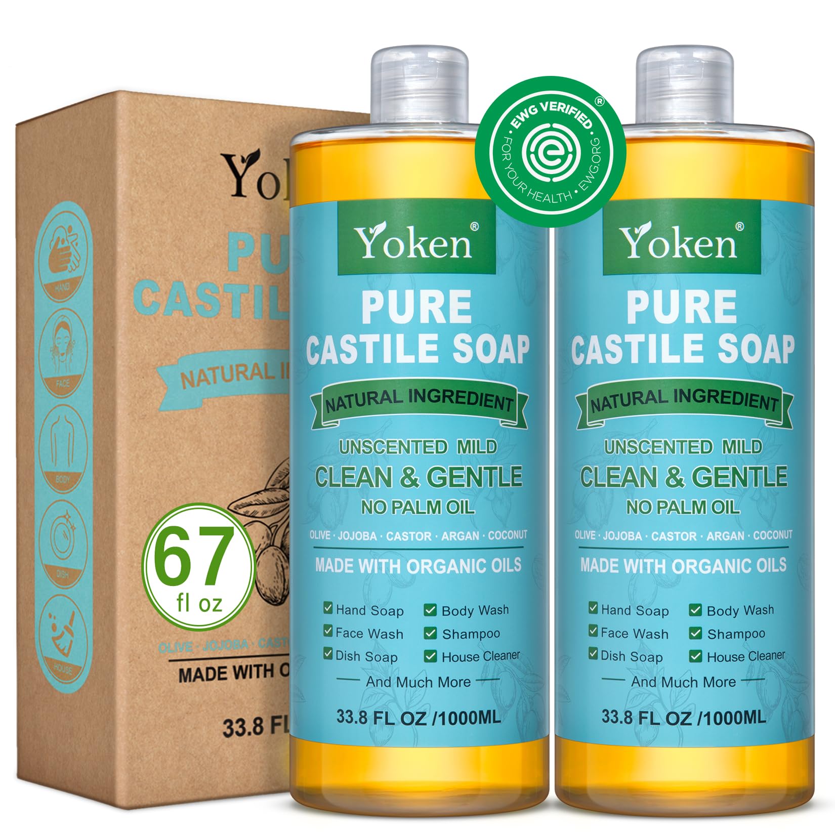 Yoken Pure Castile Soap bottle 67oz for versatile cleaning and gentle skin care