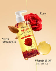 Yoken rose petals-infused oil close-up highlighting Damask petals and antioxidant care