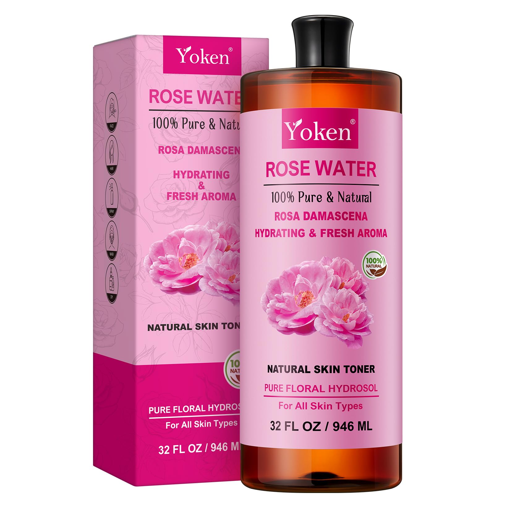 Yoken Rose Water bottle amber glass highlights pure hydrosol for daily hydrating skin.