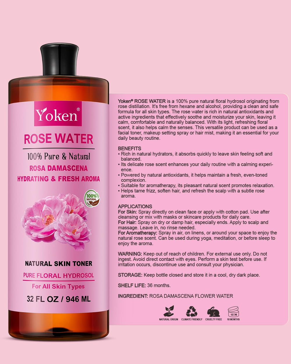 Yoken rose water in routine bottle suggests easy integration into daily skincare.
