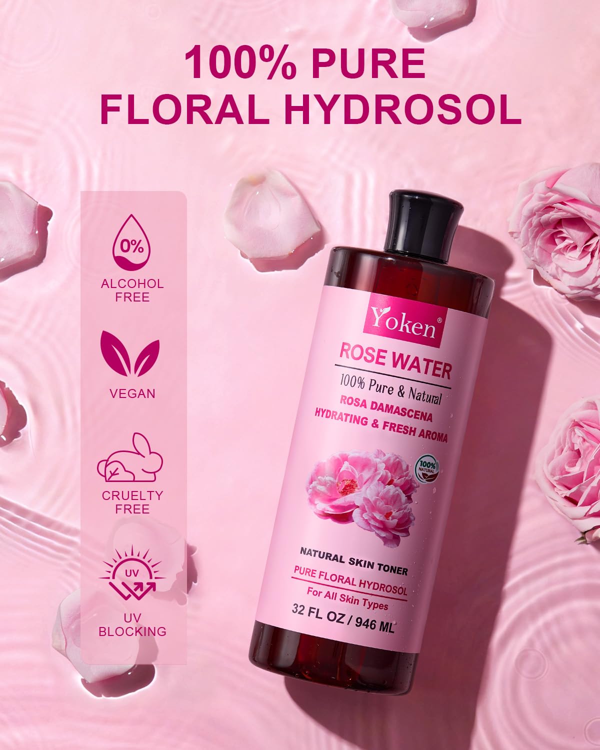 Yoken Rose Water spray on face demonstrates refreshing, non-sticky hydration for skincare routines.