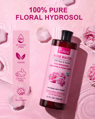 Yoken Rose Water spray on face demonstrates refreshing, non-sticky hydration for skincare routines.