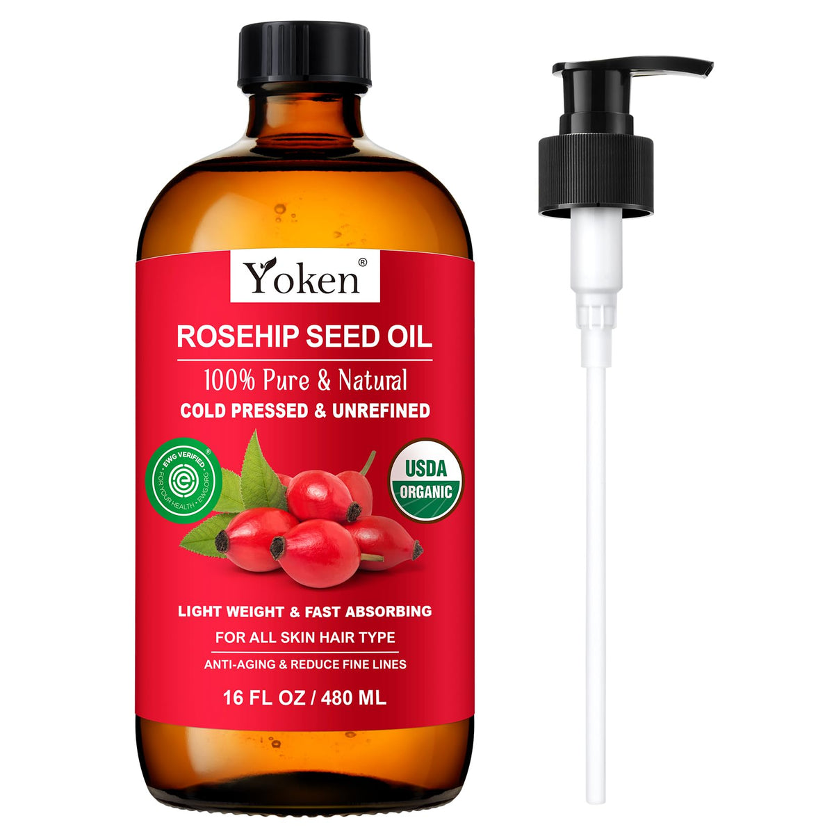 Yoken Rosehip Oil bottle front, pure, cold-pressed for face and body care