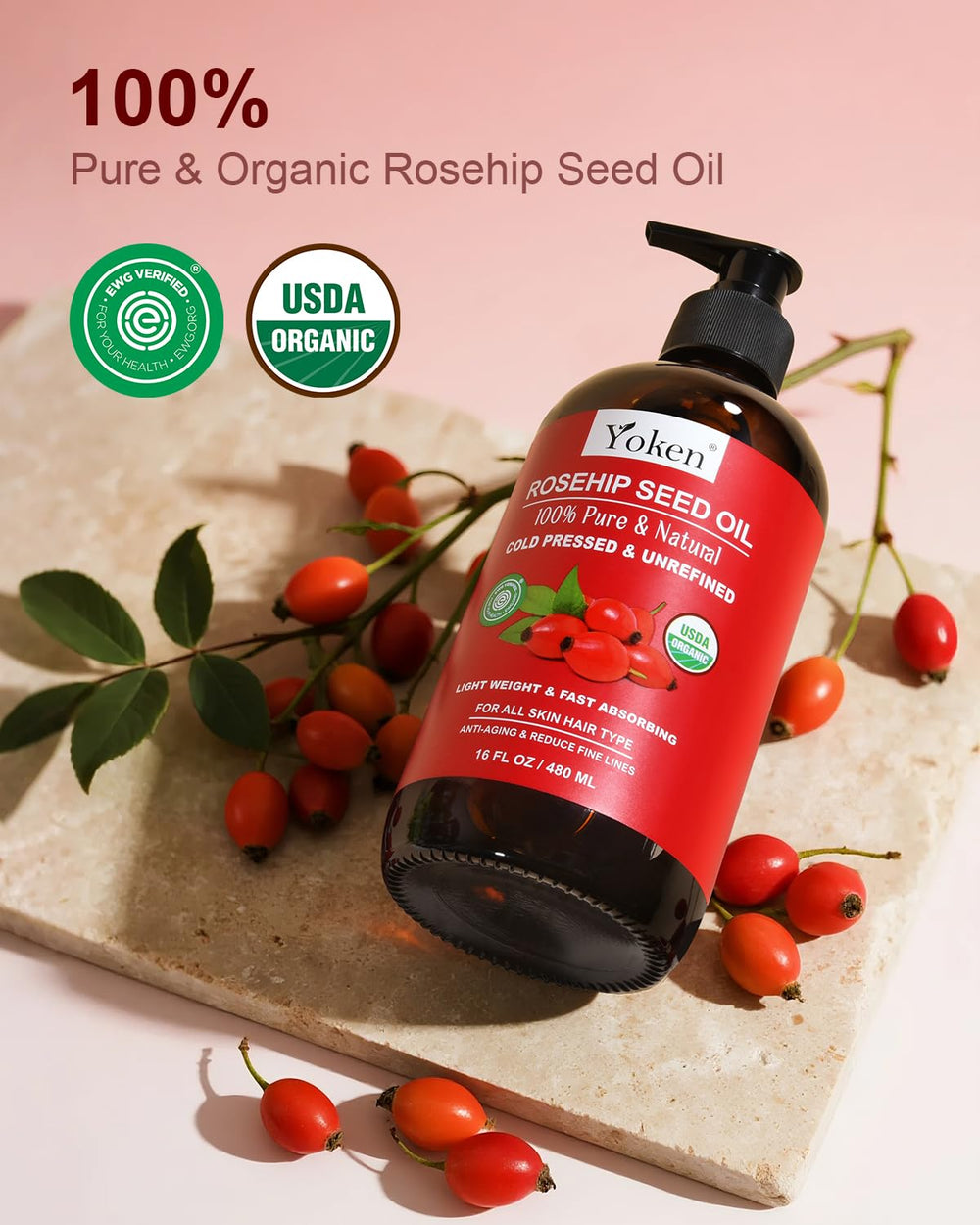 Yoken Rosehip Oil bottle label closeup highlighting clean formula for skin