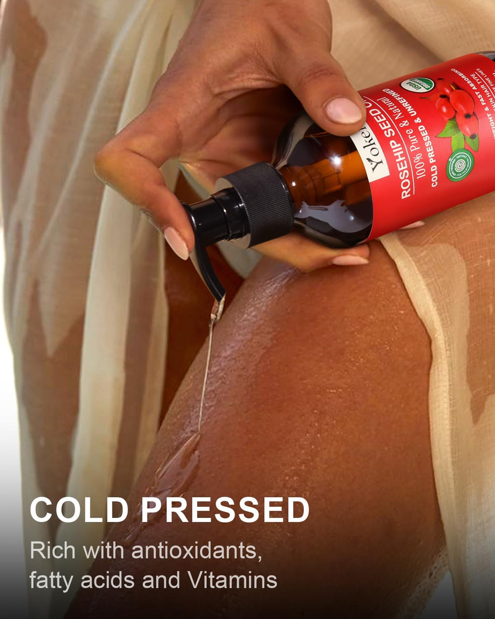 Yoken Rosehip Oil on face provides lightweight hydration and softness