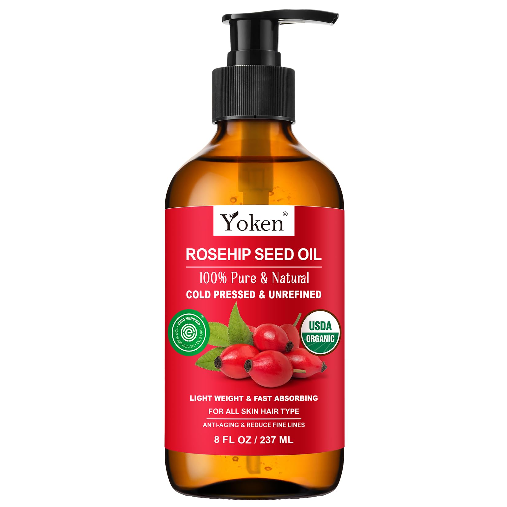 Yoken rosehip seed oil bottle delivering daily facial moisture and nourishment