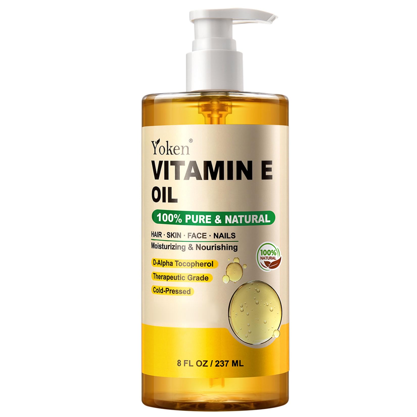 Yoken Vitamin E Oil 8oz bottle front view for daily skin hydration.