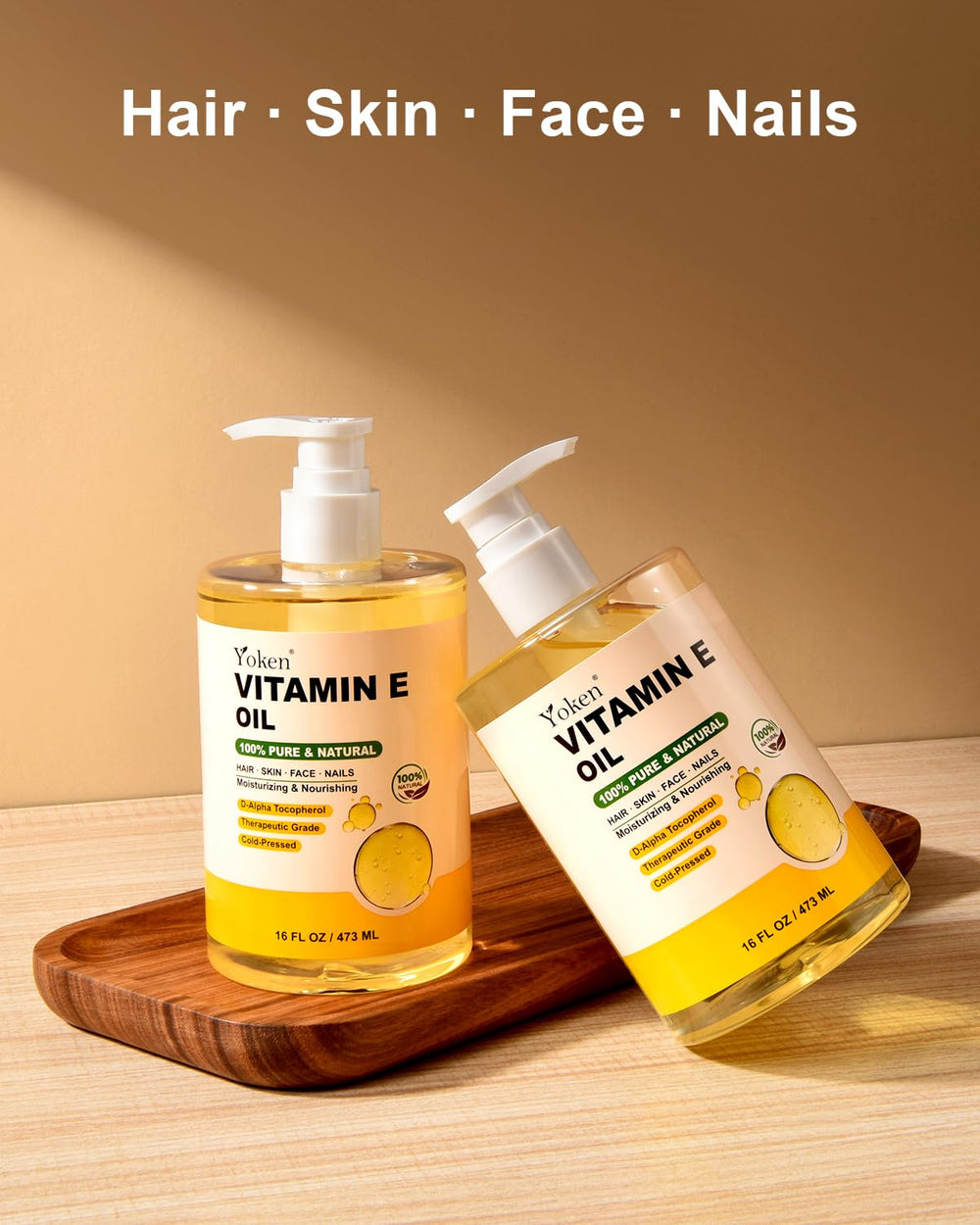 Yoken Vitamin E Oil amber bottle closeup shows premium cold-pressed formula