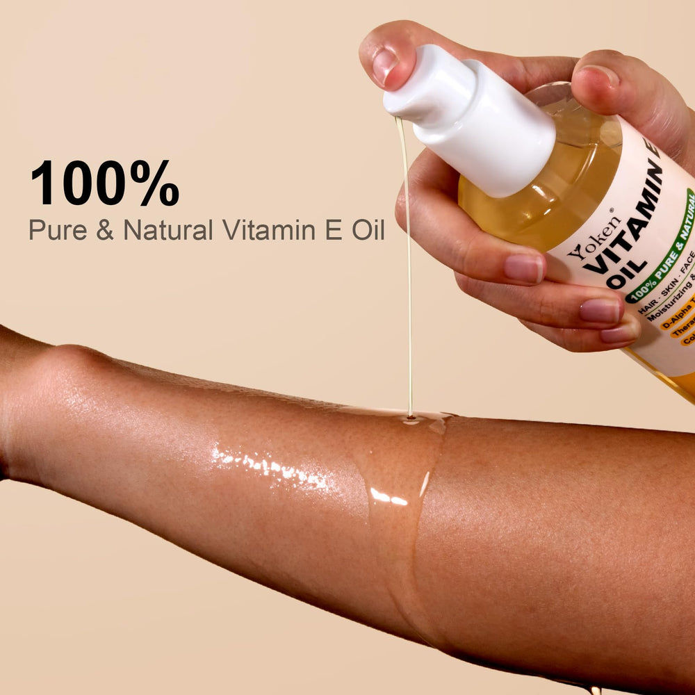 Yoken Vitamin E Oil close-up highlighting organic formula for gentle skin care.