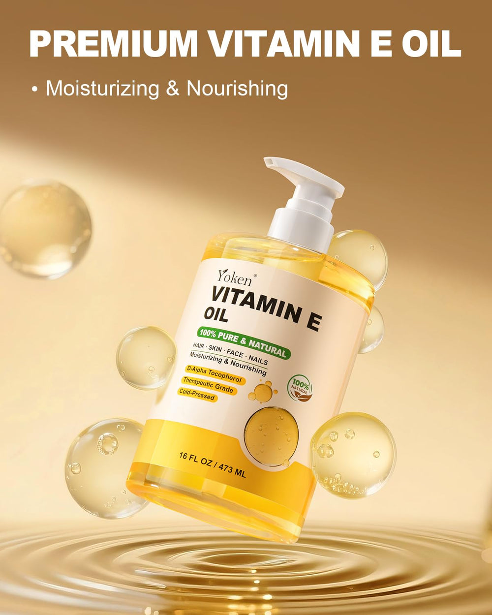 Yoken Vitamin E Oil pump-dispense demonstrates easy, mess-free application