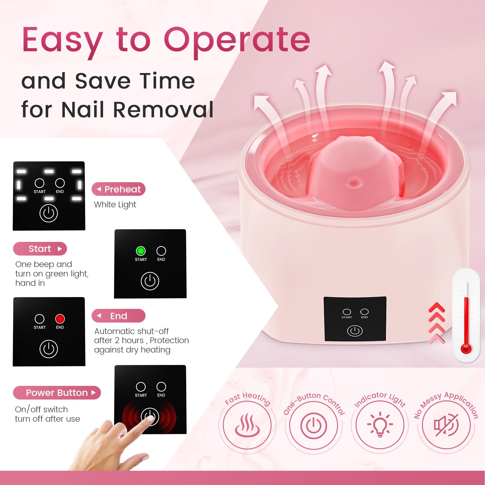 Yokilly nail soaking bowl auto-heats to safe temperature for gentle removal.