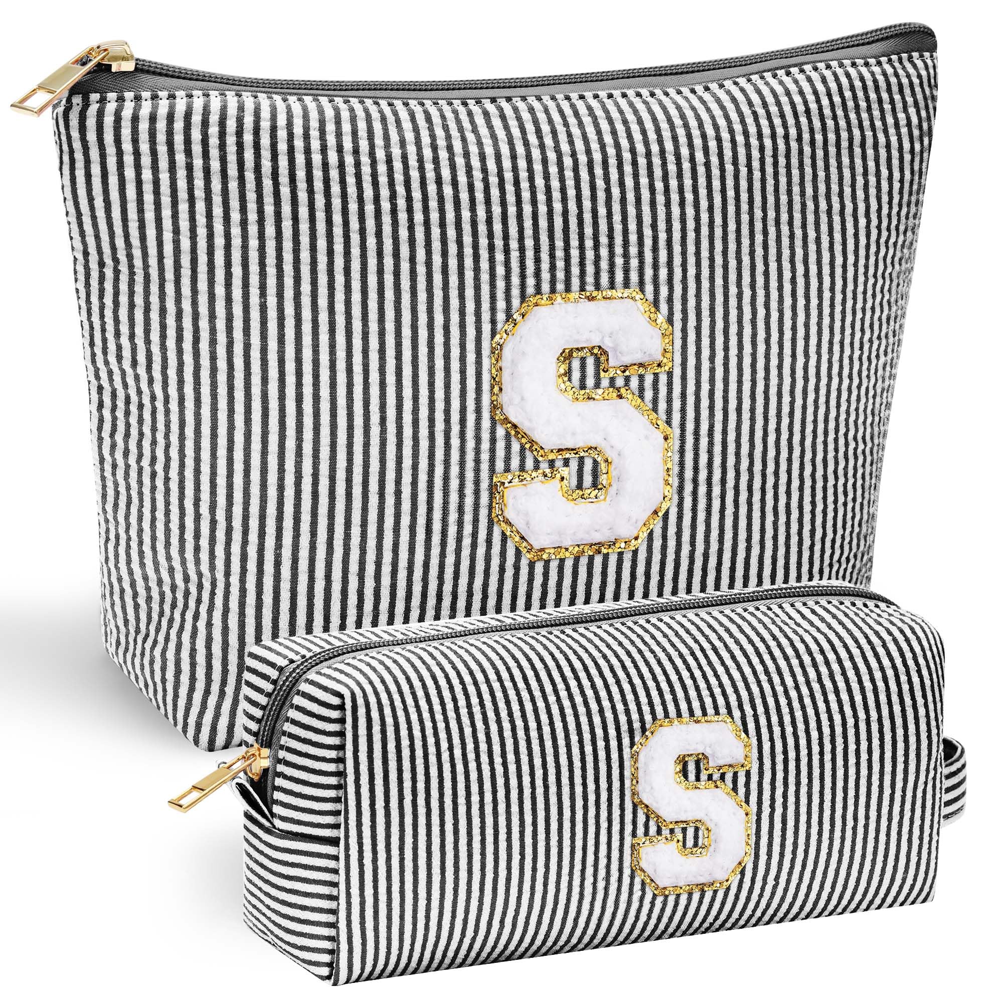 YOOLIFE monogram makeup bag front view shows chenille letter personalization