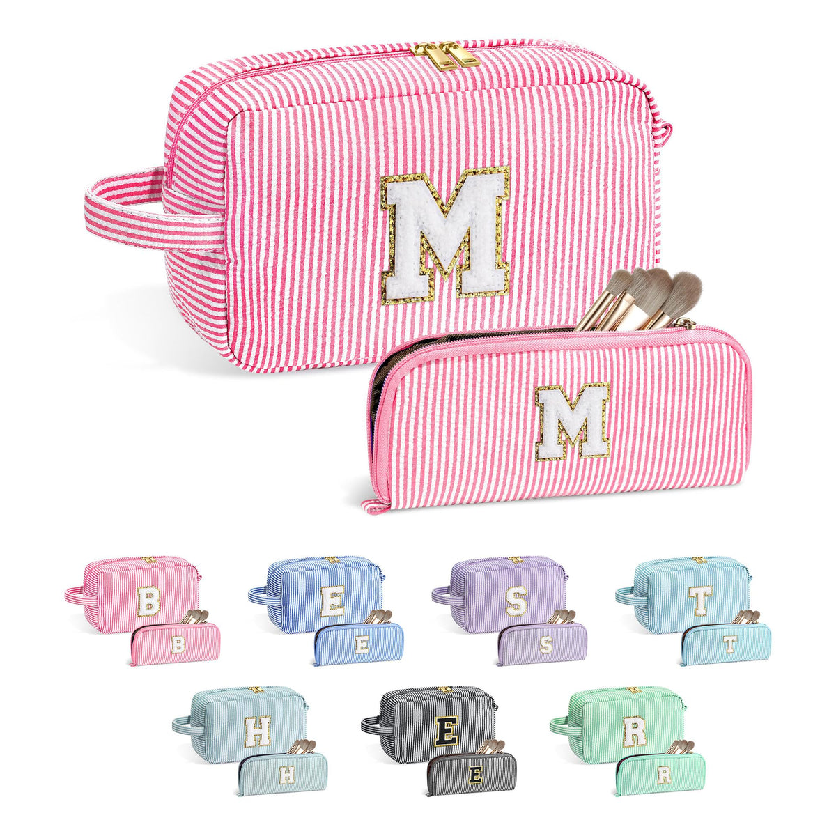 YOLOIFE pink preppy makeup bag front chenille letter for stylish storage