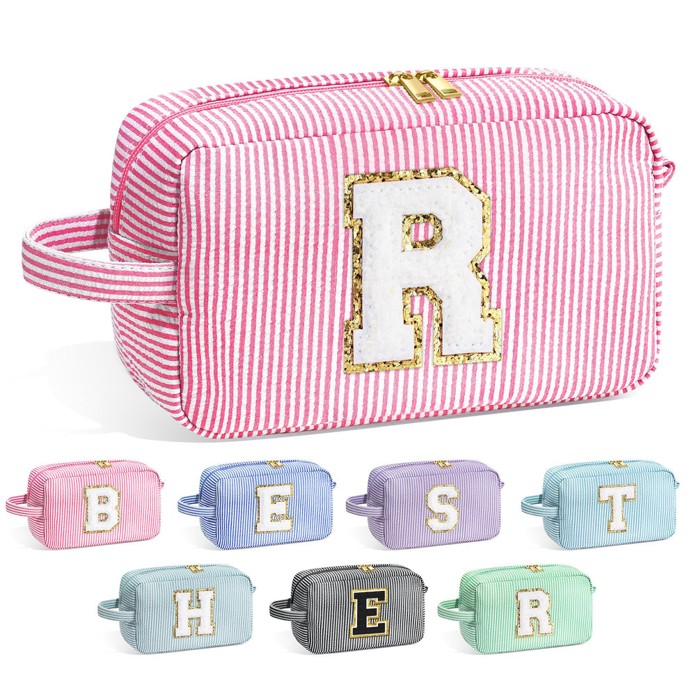 YOOLIFE monogram pink makeup bag front view shows personalized charm for everyday use