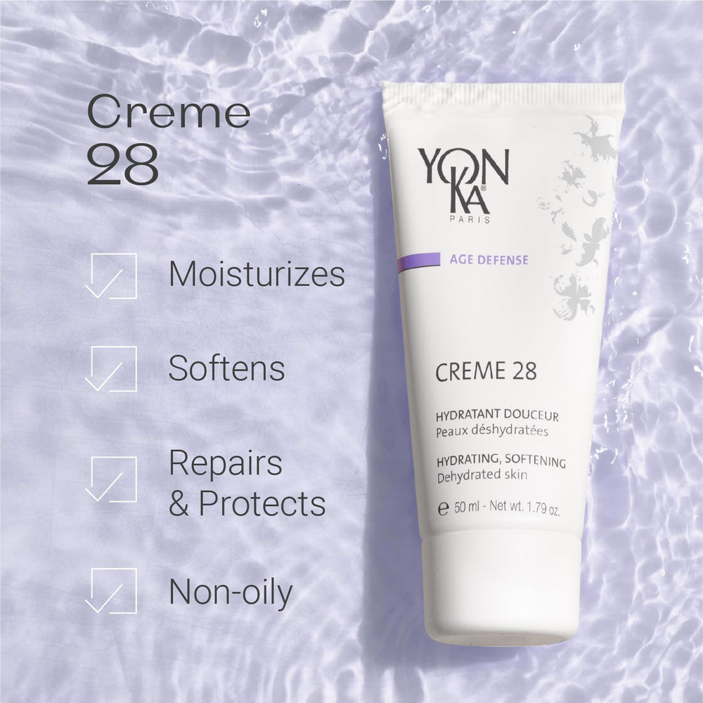 Yon-Ka Crème 28 texture swatch highlights creamy consistency for dry skin.