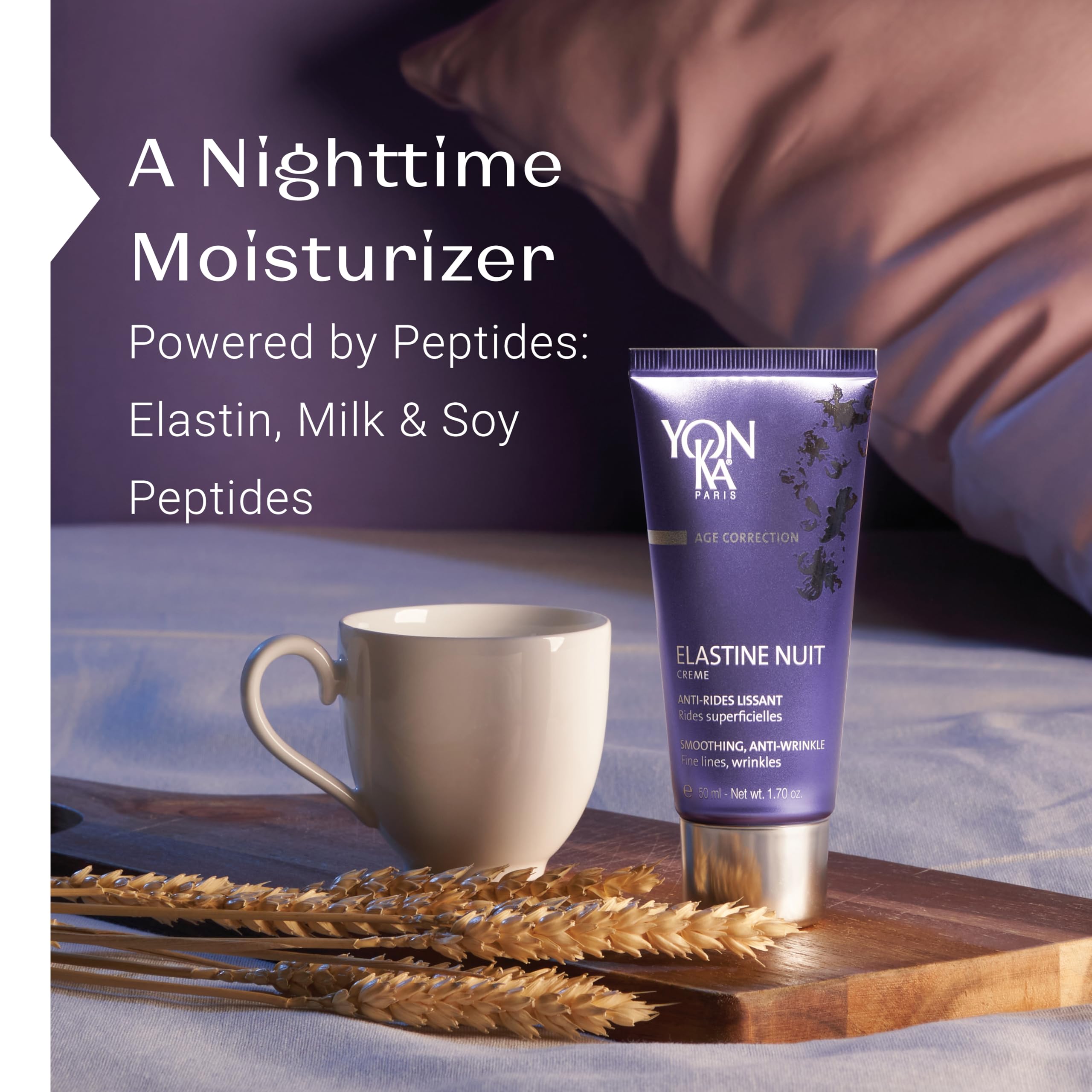 Yonka Elastine Nuit application on face, neck and eyes for plump, refreshed look.
