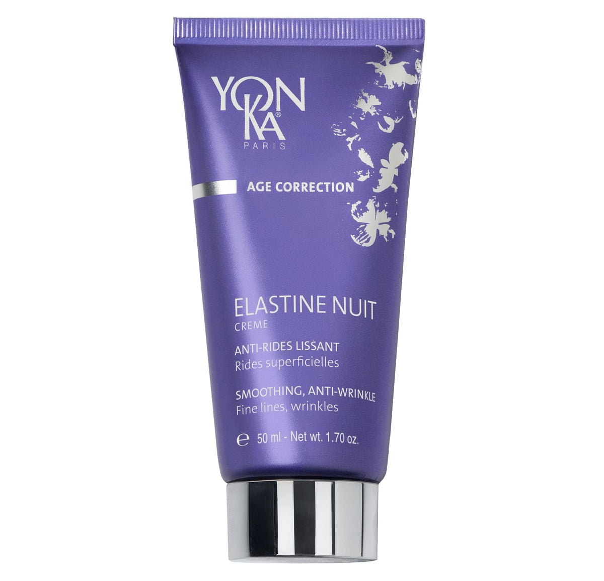 Yonka Elastine Nuit cream jar closeup, showcasing nourishing night moisturization for mature skin.