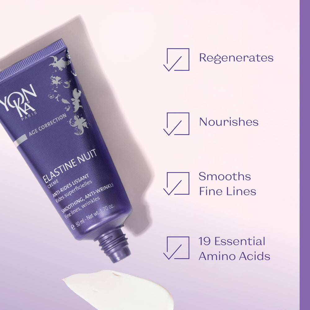 Yonka Elastine Nuit on mature skin, promoting a smoother appearance.