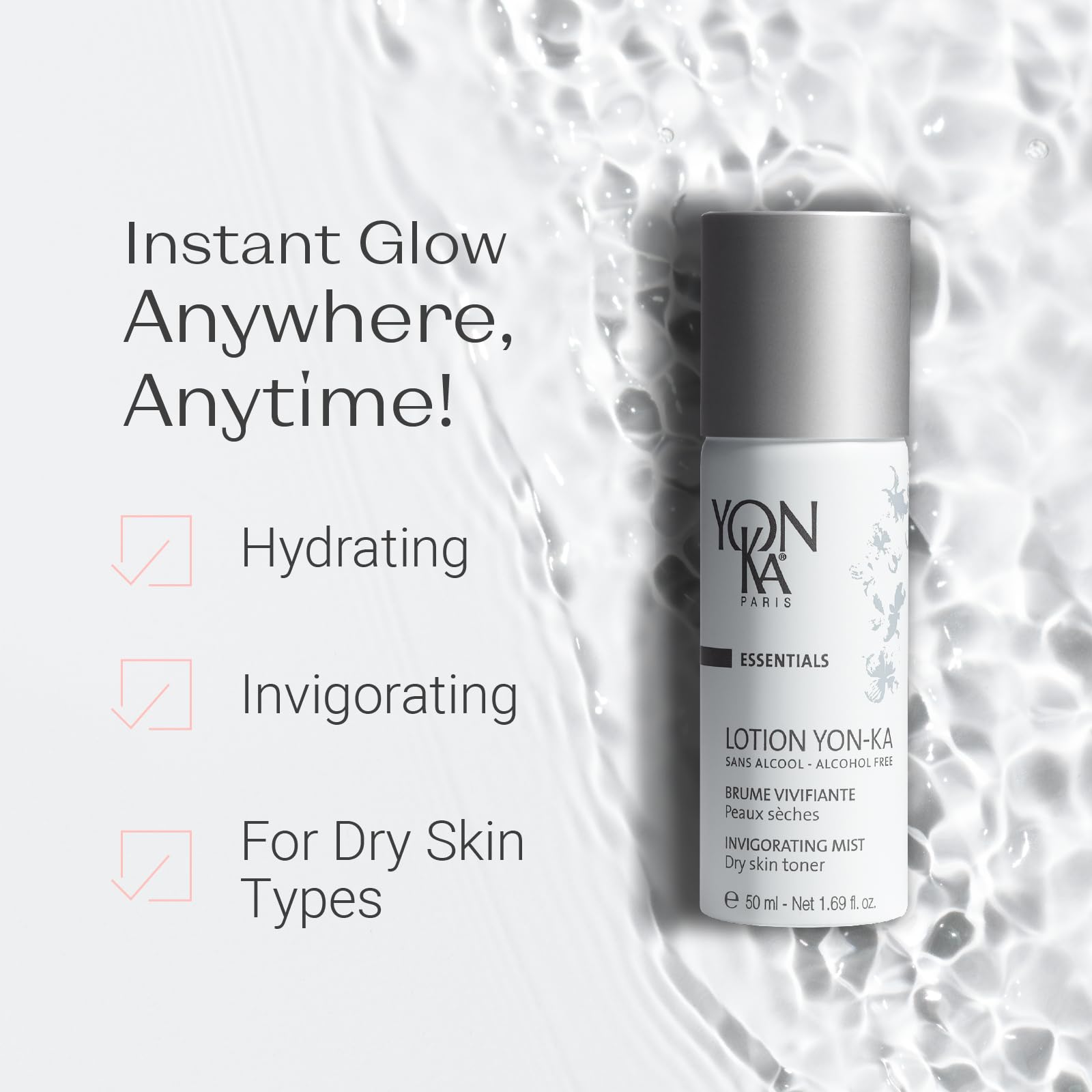 Yon-Ka Lotion PS Toner mist application on the face for refreshing boost and pore refinement.