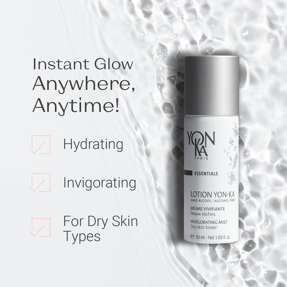 Yon-Ka Lotion PS Toner mist application on the face for refreshing boost and pore refinement.