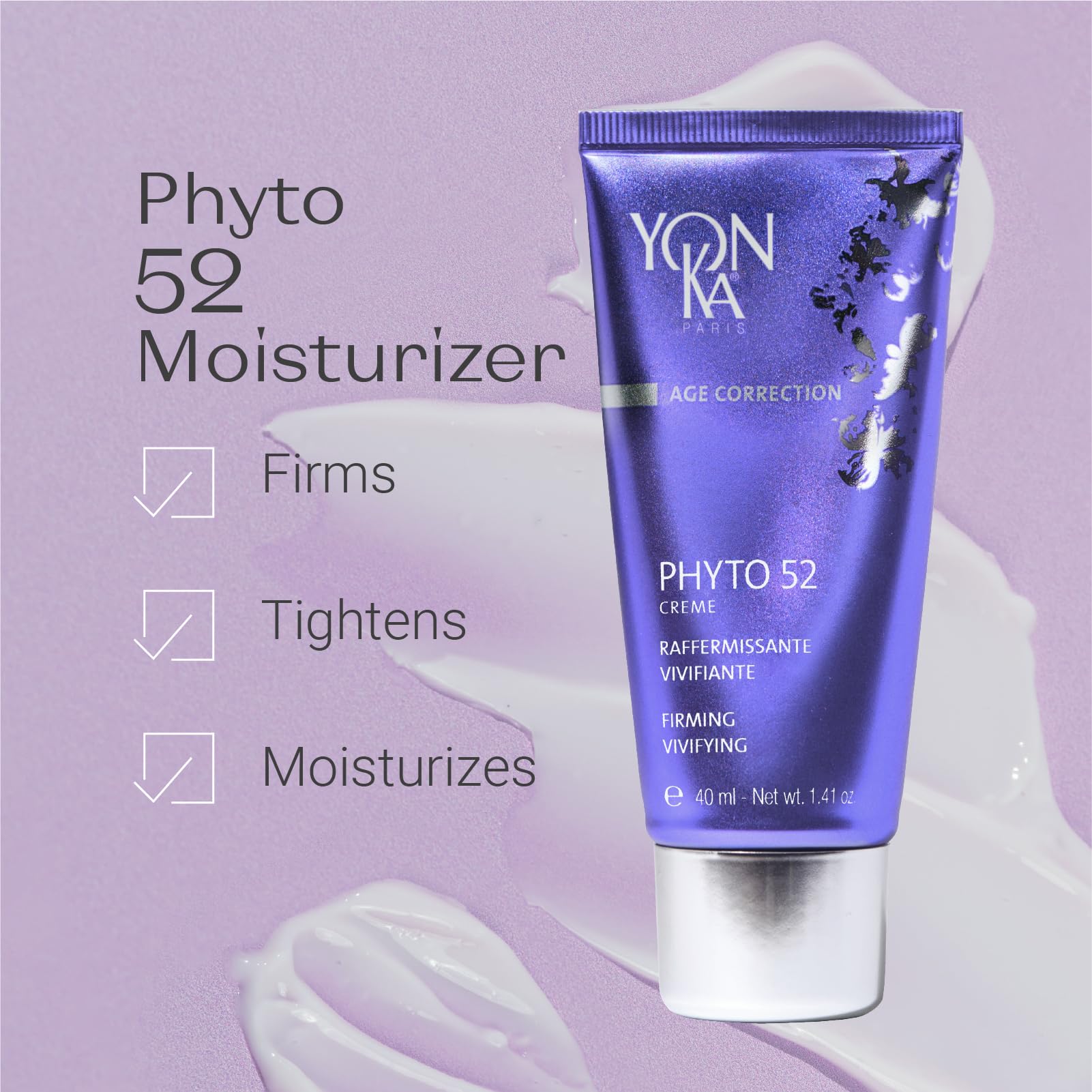 Yon-Ka Phyto 52 firming cream texture close-up highlights smoothing application and tightened look.