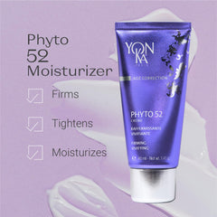 Yon-Ka Phyto 52 firming cream texture close-up highlights smoothing application and tightened look.
