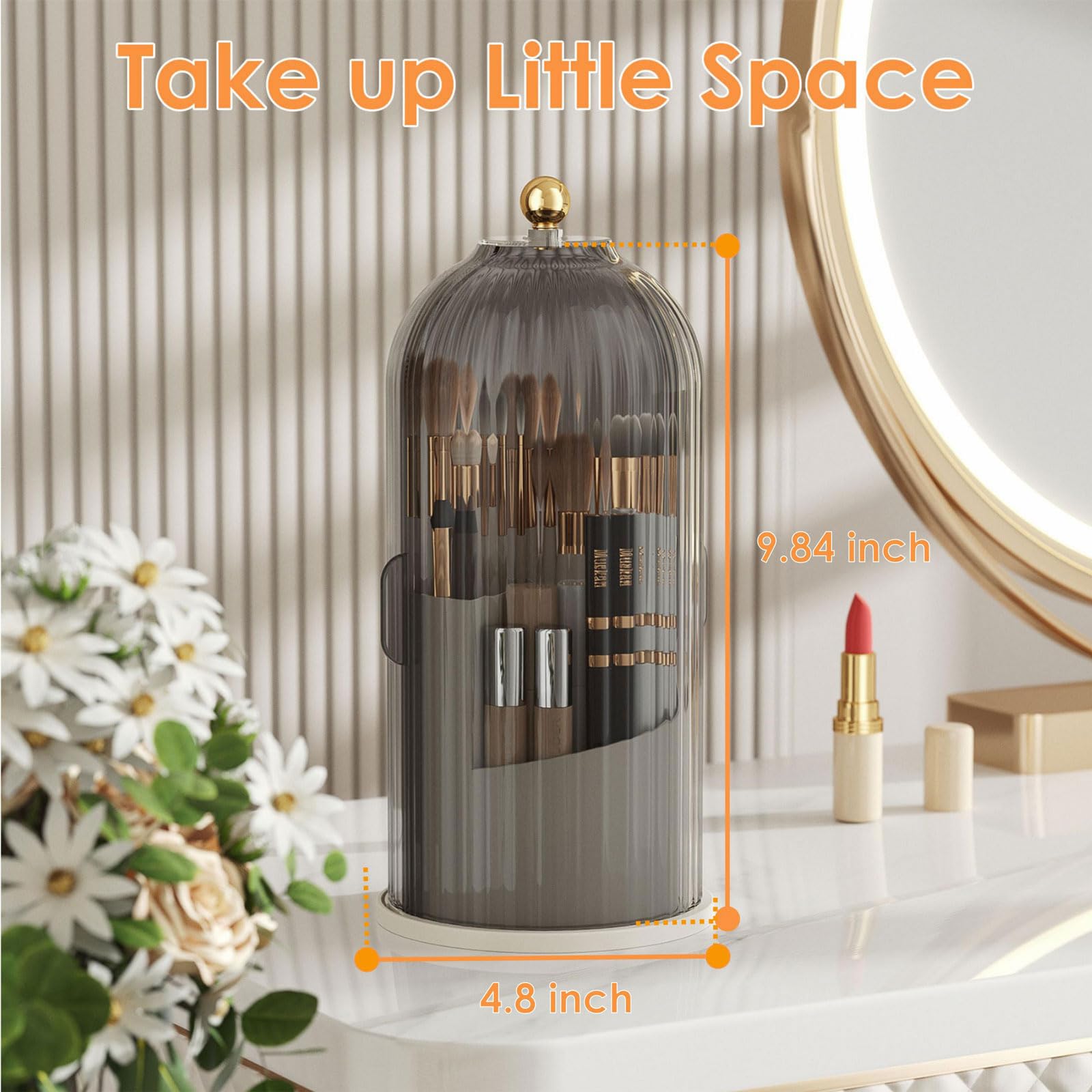 YOOLENS 360 rotating base allows easy access to all brushes on a compact vanity.